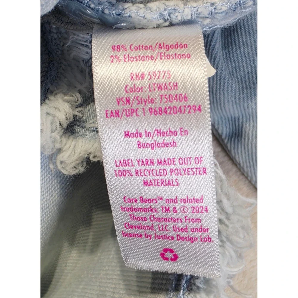 Justice Care Bears Denim Jacket Girls Sz 7/8 Light Wash Two Tone Frayed Hem